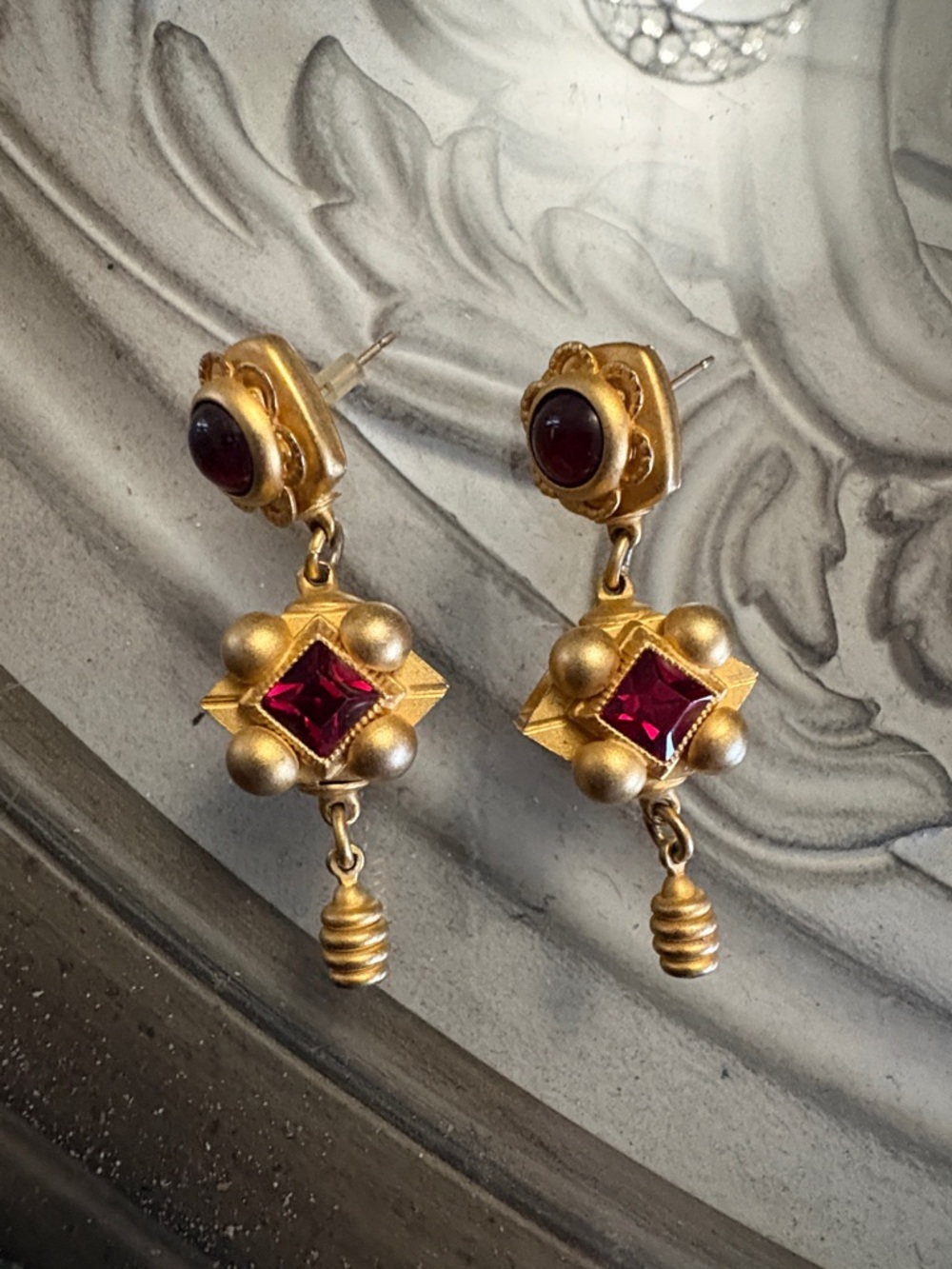 Vintage Natasha Stambouli Gold Tone Dangle Earrings with Stones - Picture 3 of 5